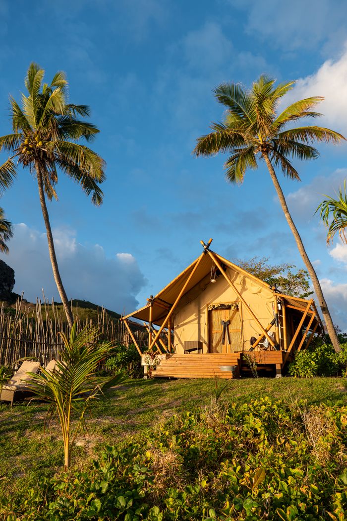 A charming glamping tent amidst lush greenery and palm trees in Fiji.
